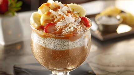 Chia seeds pudding with fresh fruits and whipped cream or yogurt in a glass. Healthy nutritious breakfast