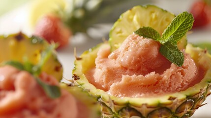 Refreshing fruit summer exotic sorbet served in pineapple. Healthy nutritious breakfast, dessert or snack, vegan concept