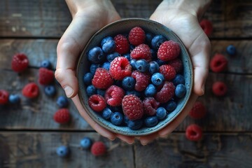 fruit two hand pictured with raspberries and blueberries in a bowl