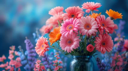 Foto op Canvas Bouquet of pink gerbera flowers on a blue background © Виктория Дутко