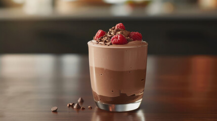 Chocolate mousse with nuts and raspberries in a glass bowl. Breakfast, dessert or snack, vegan...