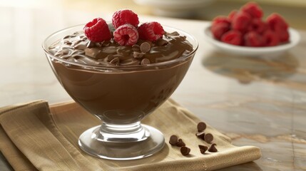 Chocolate mousse with nuts and raspberries in a glass bowl. Breakfast, dessert or snack, vegan...