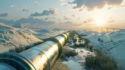 An illustration of the energy sector's transition from natural gas to environmentally friendly, carbon-neutral, secure, and independent energy sources is a hydrogen pipeline.  - obrazy, fototapety, plakaty