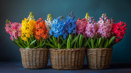 Colorful hyacinths in a basket on a dark background