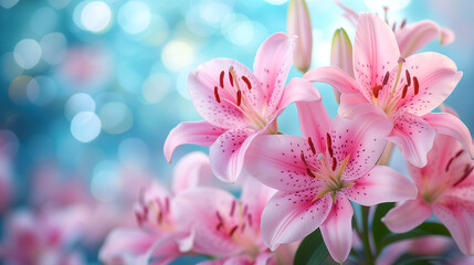 Bouquet of pink lilies on a bokeh background