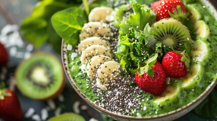 Nutritious green smoothie bowl topped with fresh fruits,  kale, banana, avocado, kiwi,...