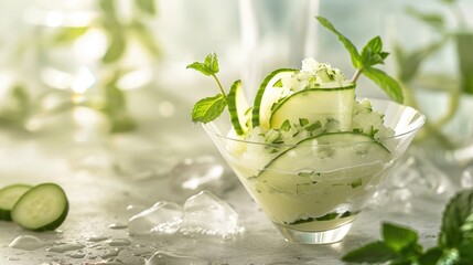 Refreshing cucumber and mint sorbet served in a chilled glass dessert dish. Healthy summer dish, dessert or snack, vegan concept - obrazy, fototapety, plakaty