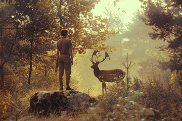 Breathtaking encounter of a hunter with a majestic deer boasting large antlers in the forest trail