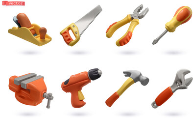 Set of tools. Planer, saw, pliers, screwdriver, vise, drill, hammer, adjustable wrench. 3d vector cartoon icons - obrazy, fototapety, plakaty