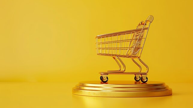 On a yellow background, a golden shopping cart is displayed on a golden pedestal in this 3D rendering.