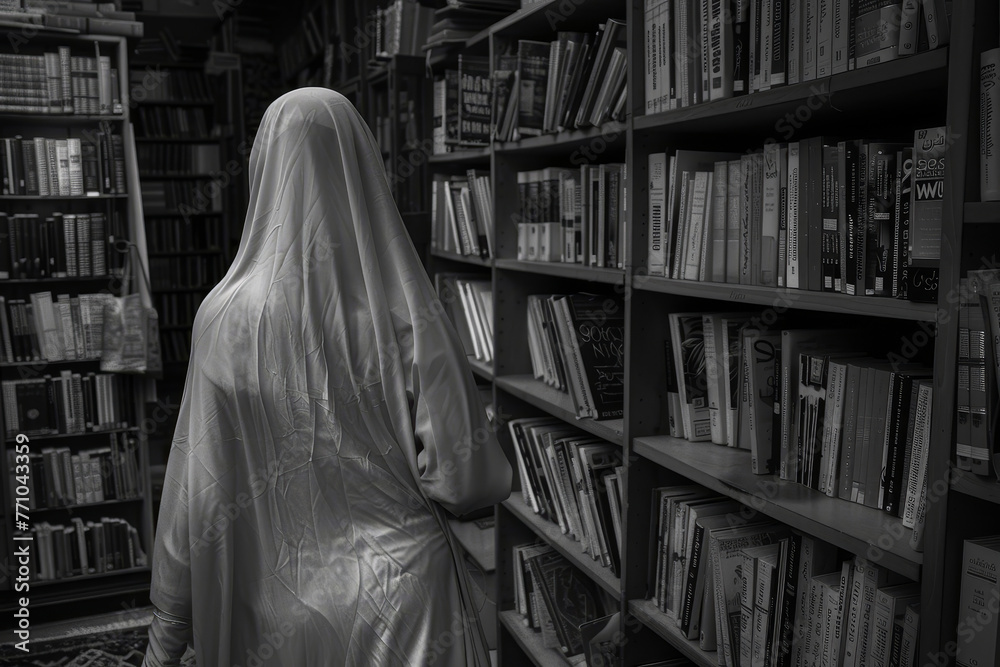 Wall mural A woman in a white robe walks through a library of books - Wall murals