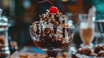Chocolate ice cream sundae served in a glass dessert bowl topped with chocolate sauce, crushed nuts, and whipped cream and cherry on top. Dessert concept