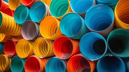 backdrop of large, vibrant plastic pipes being used on a construction site. - obrazy, fototapety, plakaty