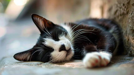 A contented tuxedo cat with a white chest and paws, peacefully napping.