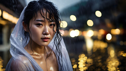 Portrait of a beautiful korean woman under the rain at night