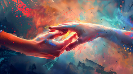 Colorful Fantasy Realism Painting of Two Hands Reaching for Each Other - obrazy, fototapety, plakaty