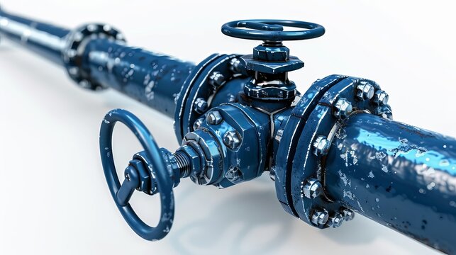 White background with an isolated glossy pipe and valve connection