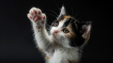 A cute calico kitten with a patchwork of colors and a playful paw batting at the air.