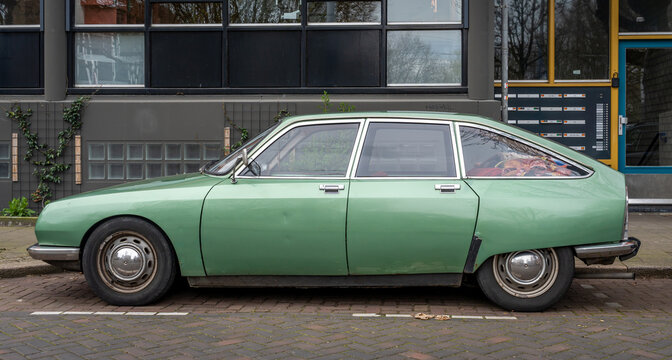 Amsterdam, The Netherlands, 29.03.2024, Side view of classic Citroen GS from 1973 in green color