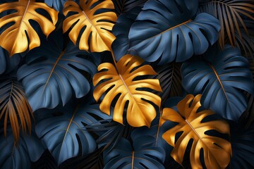 Gold and black tropical monstera leaves. Creative background