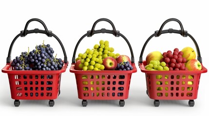 Realistic 3D vectors illustrate supermarket food carts with plastic red empty baskets featuring fruit and vegetables inside, such as apples and grapes, against a white background.