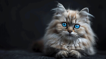A fluffy Persian cat with mesmerizing blue eyes and a serene expression.
