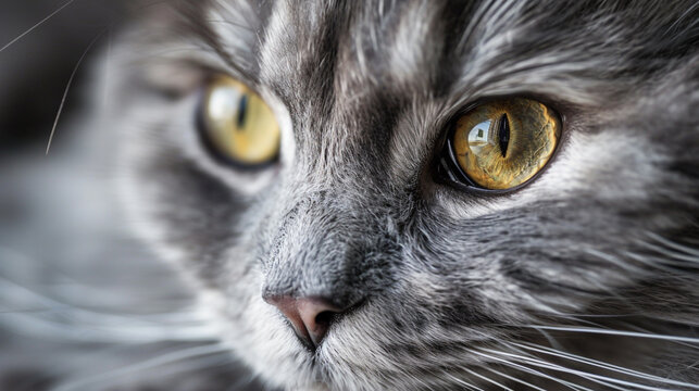A fluffy gray cat with mesmerizing golden eyes and a calm demeanor.