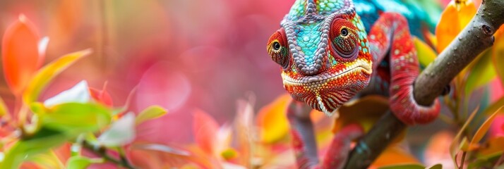 
Vibrant chameleon blending in with colorful foliage, banner with copy space, concept of nature and adaptability