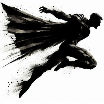 Silhouette of superhero with cape in the air.