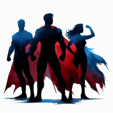 Group of comic book superheroes, silhouettes.