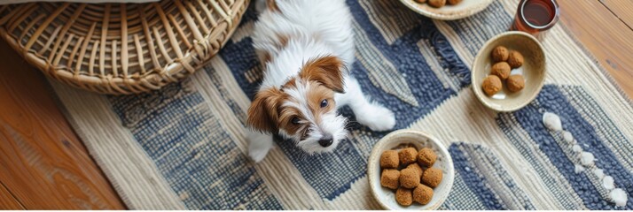 Curious Jack Russell Terrier puppy with dog treats on a striped rug at home, cozy pet lifestyle