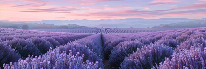  landscape photo of a lavender field bathed in the purple hues of dawn, with rolling hills and a...