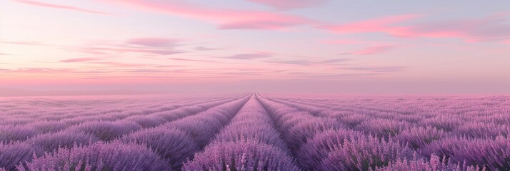 pink landscape photo of a lavender field bathed in the purple hues of dawn, with rolling hills and...