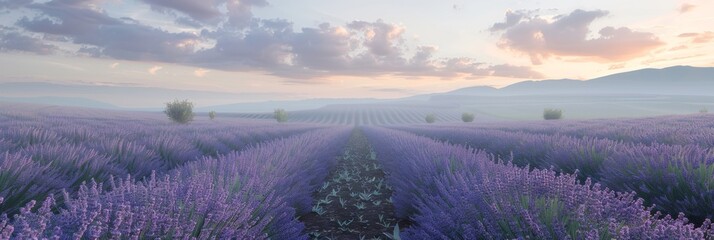 A panoramic landscape photo of a lavender field bathed in the purple hues of dawn, with rolling...