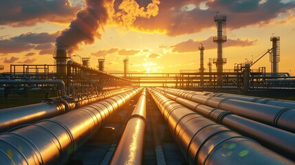 Petroleum industry plant pipeline and pipe rack against dusk sky background