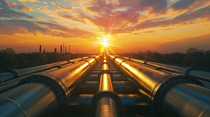 Petroleum industry plant pipeline and pipe rack against dusk sky background - obrazy, fototapety, plakaty