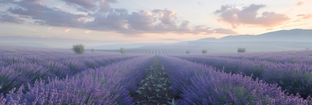 A panoramic landscape photo of a lavender field bathed in the purple hues of dawn, with rolling hills and a pastel sky enhancing the tranquil beauty.
Concept: Lavender, Field, Dawn, Tranquility, Land