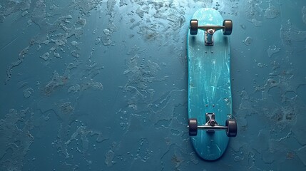 Rendered in 3D against a blue backdrop with copy space, a blue longboard is showcased, offering a vibrant aesthetic. - obrazy, fototapety, plakaty