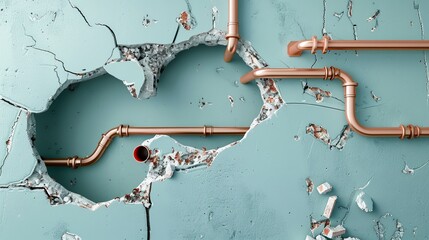 3D illustration showing copper and PVC plumbing pipes behind the broken wall with a hole in it - obrazy, fototapety, plakaty
