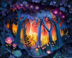 Whimsical paper art scene of a magical forest at dusk, shadows and creatures hidden among the trees