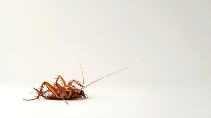 Dead cockroach on its back on white backdrop. Pest insect. Perfect for pest control service ads, hygiene educational content, product labels for insecticides. Banner. Copy space