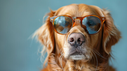 Golden Retriever with sunglasses on blue background