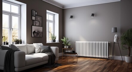 elegant home interior photo showcasing an L-shaped white metal central oil chain radiator with three vertical rows of small rectangular horizontal sections, mounted on the wall, accompanied by dark wo