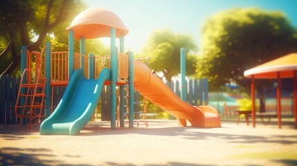 Brightly colored slides in a playground, bathed in sunlight. Concept of childhood joy, playground structures, and summer days.