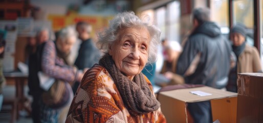 Obraz premium Caucasian elderly woman at poling station. Senior female voter preparing to cast her vote. Concept of elections, civic duty, democratic process, voting rights, active senior citizenship.