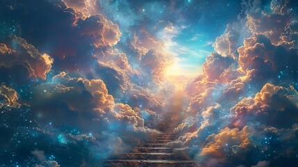 Stairway rising to a radiant sunrise amidst celestial clouds. Celestial steps. Cosmic pathway to a new day. Concept of hope, new beginnings, spiritual ascent, and the sublime. Digital art - obrazy, fototapety, plakaty