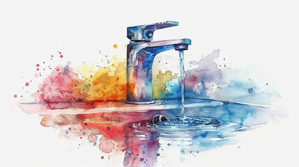 Faucet with water stream in a watercolor style. Vibrant splashes representing water flow from a tap. Concept of Concept of fluid motion, water usage, and artistic expression. Aquarelle