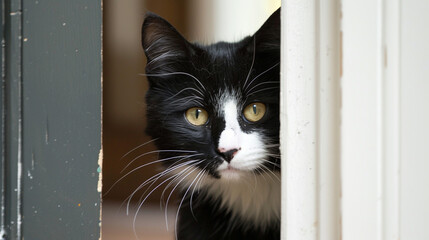 A mischievous black and white tuxedo cat peeking through a doorway.