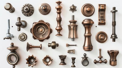Furniture fittings creatively laid out to form a compelling composition, featuring elegant knobs, decorative brackets, and innovative fasteners. Isolated on plane white background. Top view