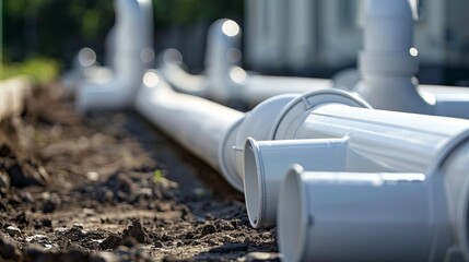 Water pipes for sewers made of white plastic - obrazy, fototapety, plakaty